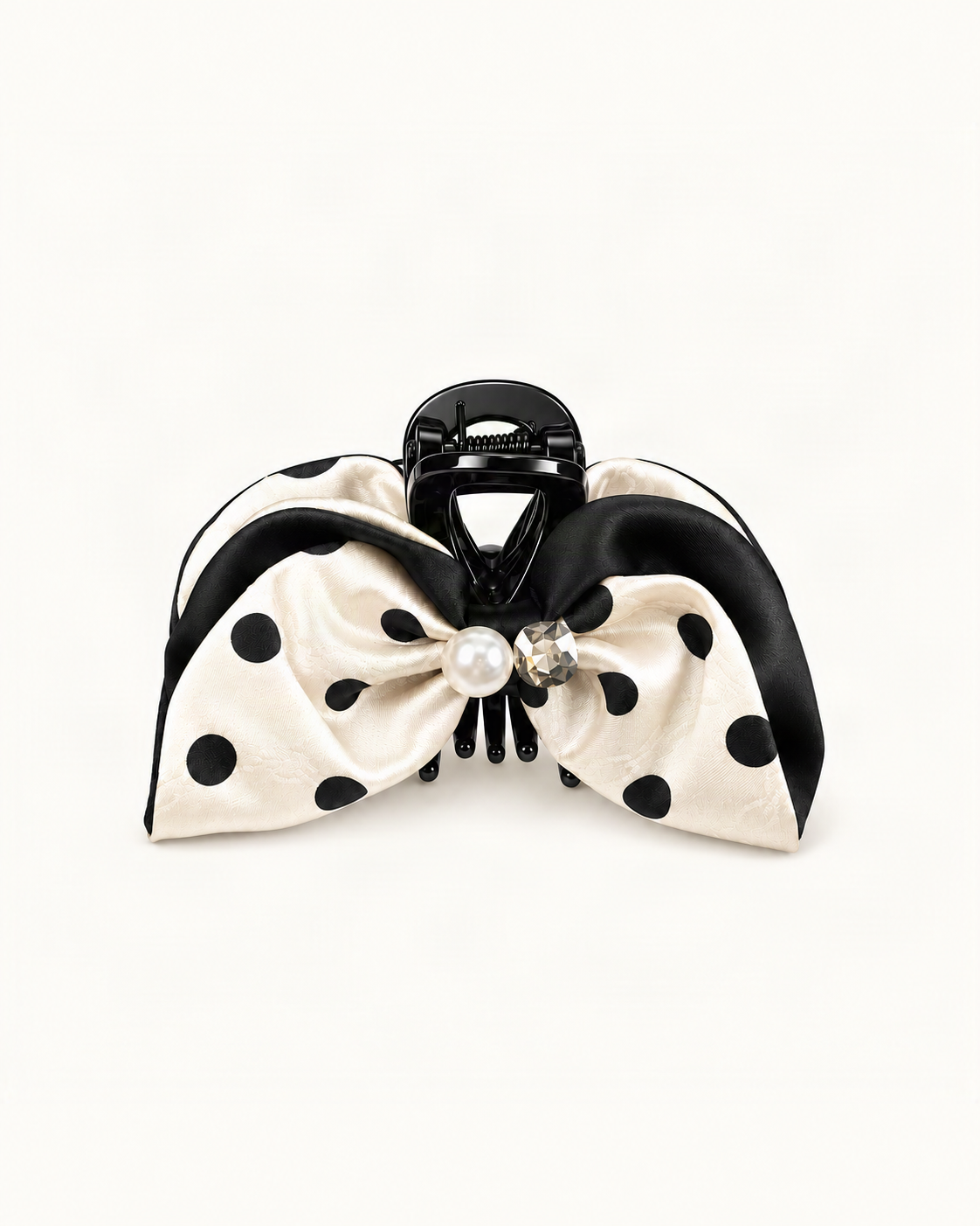 Satin Rhinestone Faux Pearl Polka Dot Bow Claw Clip — single hair accessory on a warm ivory background [FITINY Hair main]