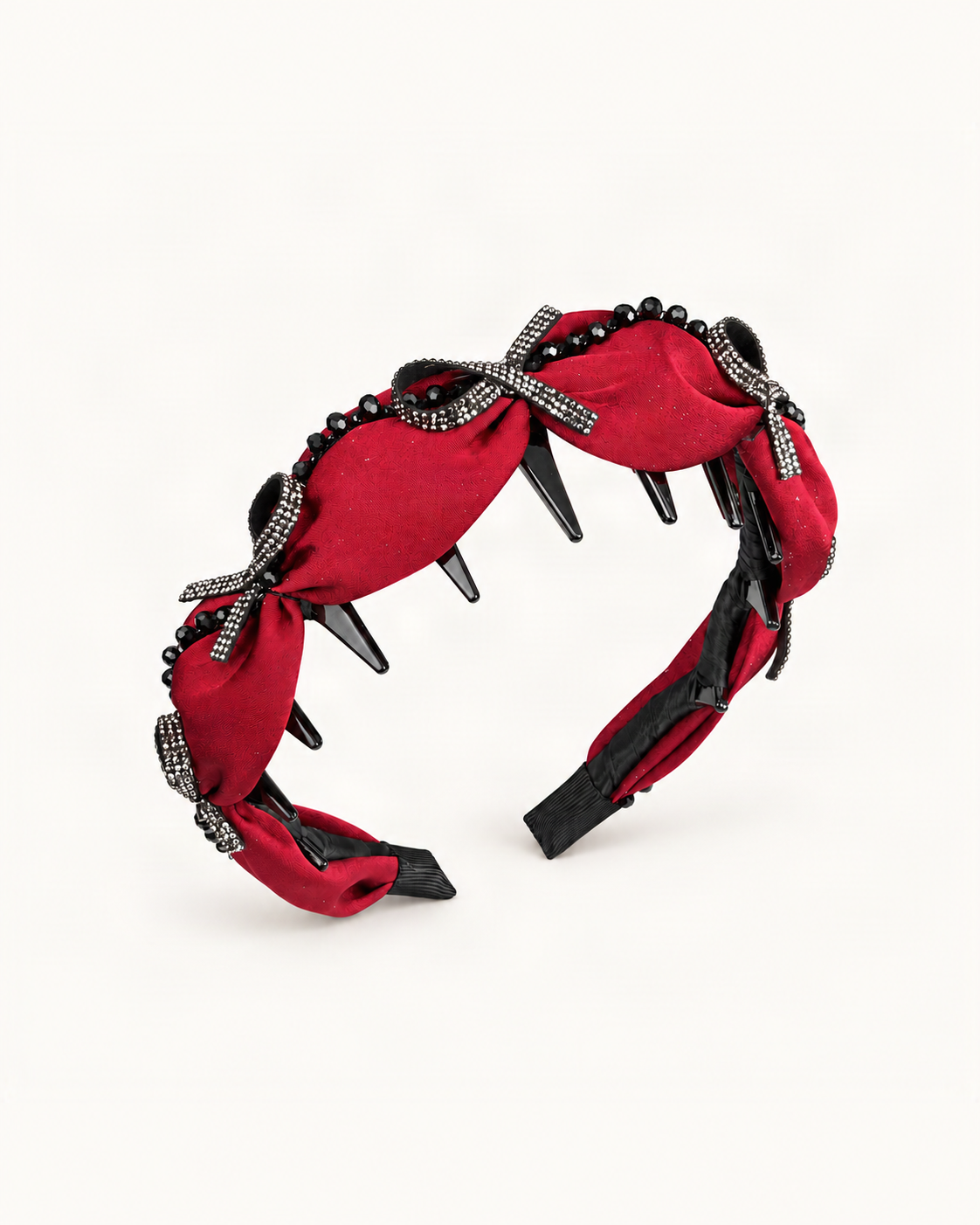 Satin Rhinestone Bow High Crown Toothed Headband — Burgundy / Half Bow variant on a warm ivory background [FITINY Hair variant 48004038820011]