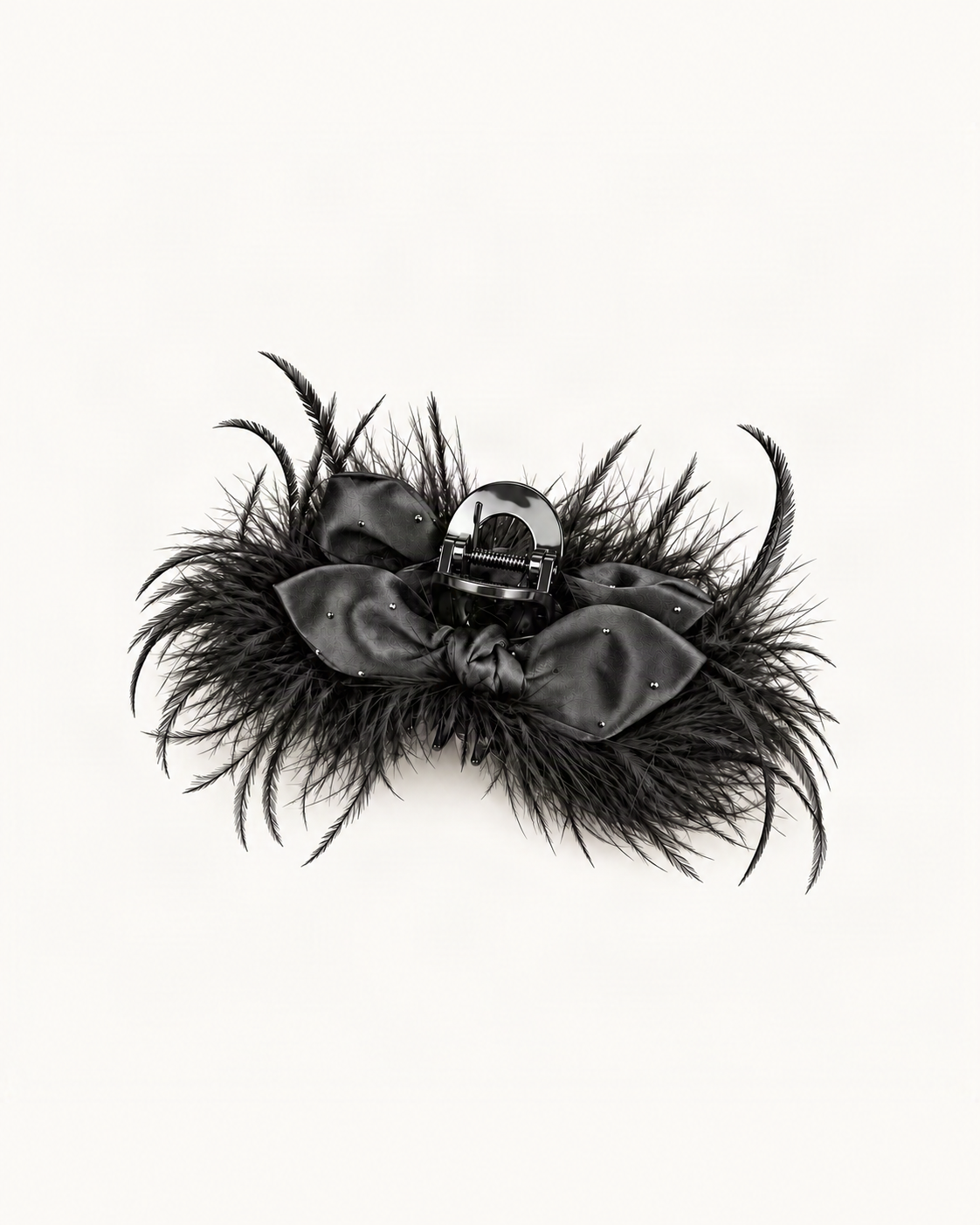 Ostrich Feather Rhinestone Satin Bow Hair Claw Clip — single hair accessory on a warm ivory background [FITINY Hair main]