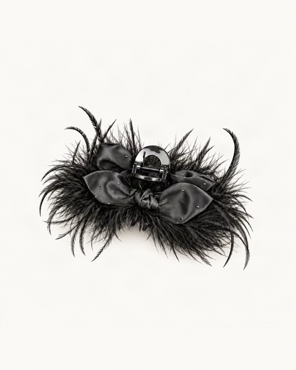 Ostrich Feather Rhinestone Satin Bow Hair Claw Clip — single hair accessory on a warm ivory background [FITINY Hair main]