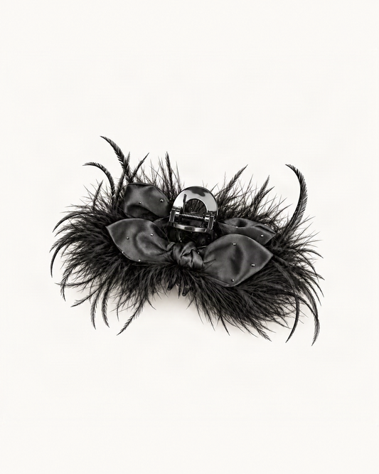 Ostrich Feather Rhinestone Satin Bow Hair Claw Clip — single hair accessory on a warm ivory background [FITINY Hair main]