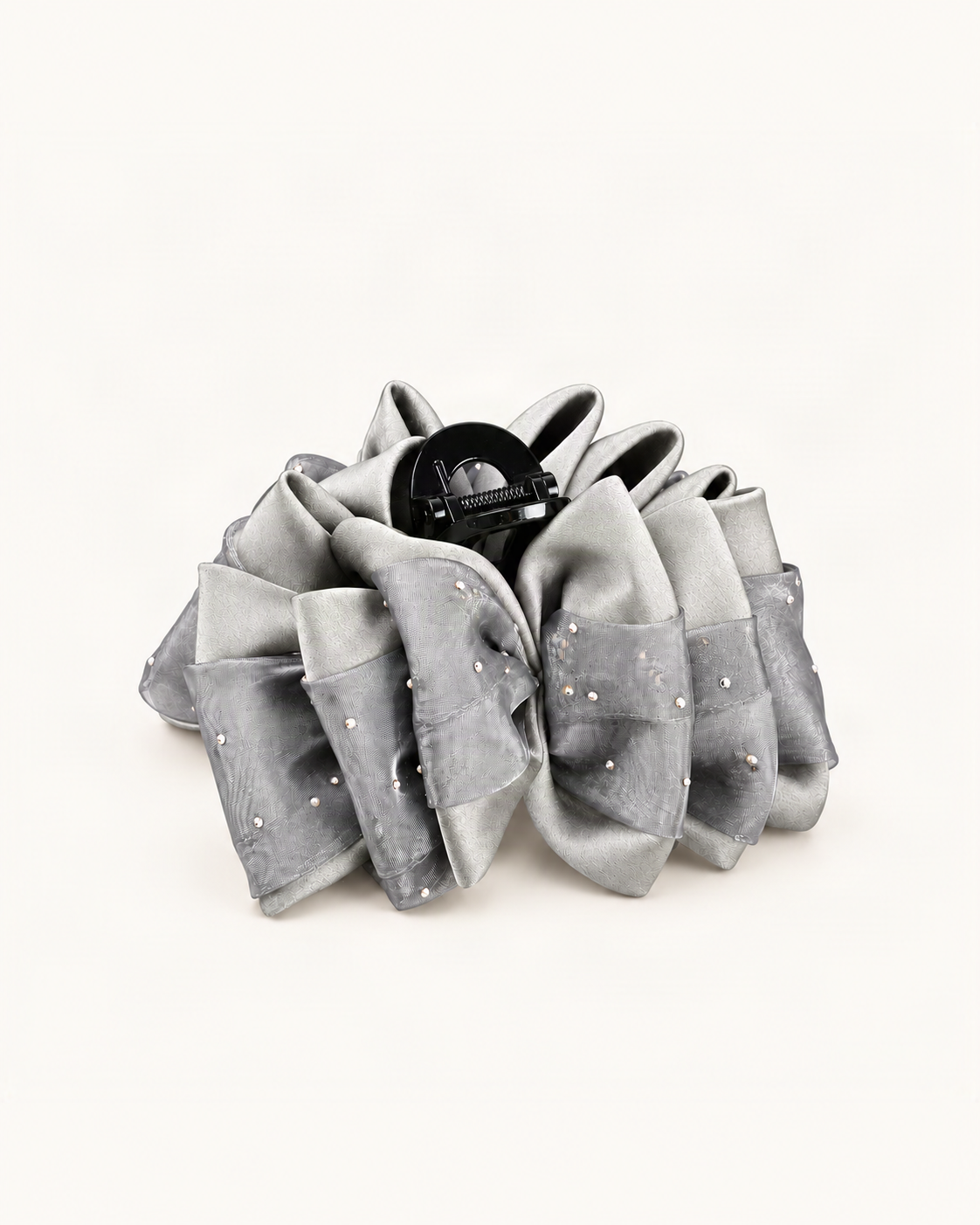 Satin Large Claw Clip with Rhinestone Starry Speckles — Grey variant on a warm ivory background [FITINY Hair variant 48006903529643]