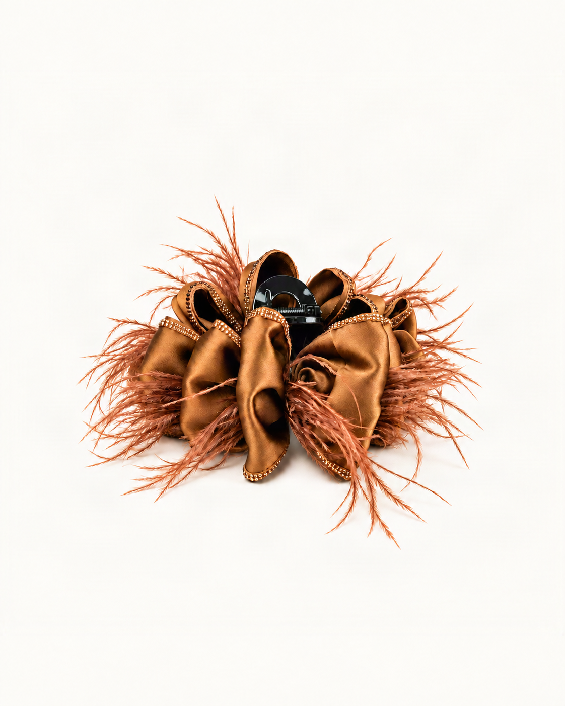 Satin Bow Feather Claw Clip with Rhinestone Trim — Chocolate variant on a warm ivory background [FITINY Hair variant 48006260719787]