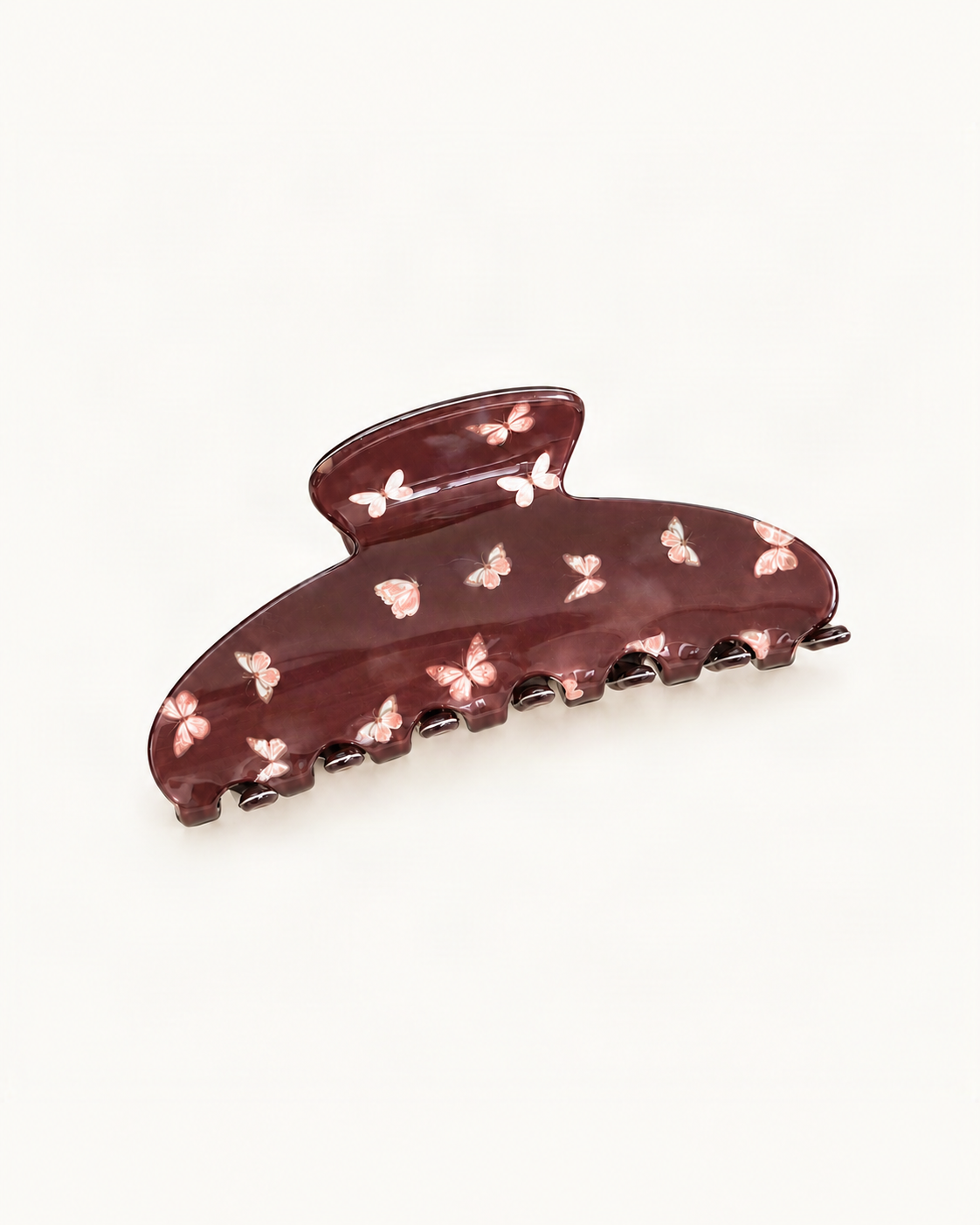 Butterfly Print Acrylic Long Arc Claw Clip — single hair accessory on a warm ivory background [FITINY Hair main]