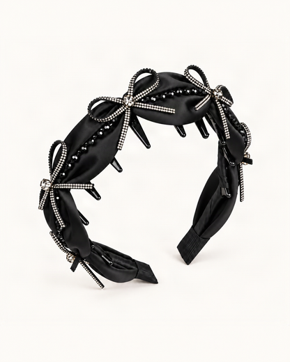 Satin Rhinestone Bow High Crown Toothed Headband — Black / Beaded variant on a warm ivory background [FITINY Hair variant 48004038754475]