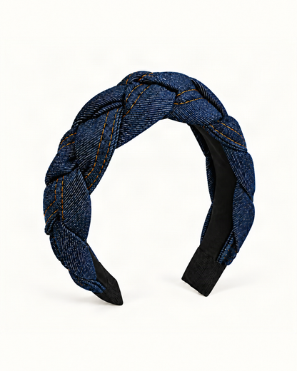 Braided Denim Headband – Twisted Knot Style — single hair accessory on a warm ivory background [FITINY Hair main]