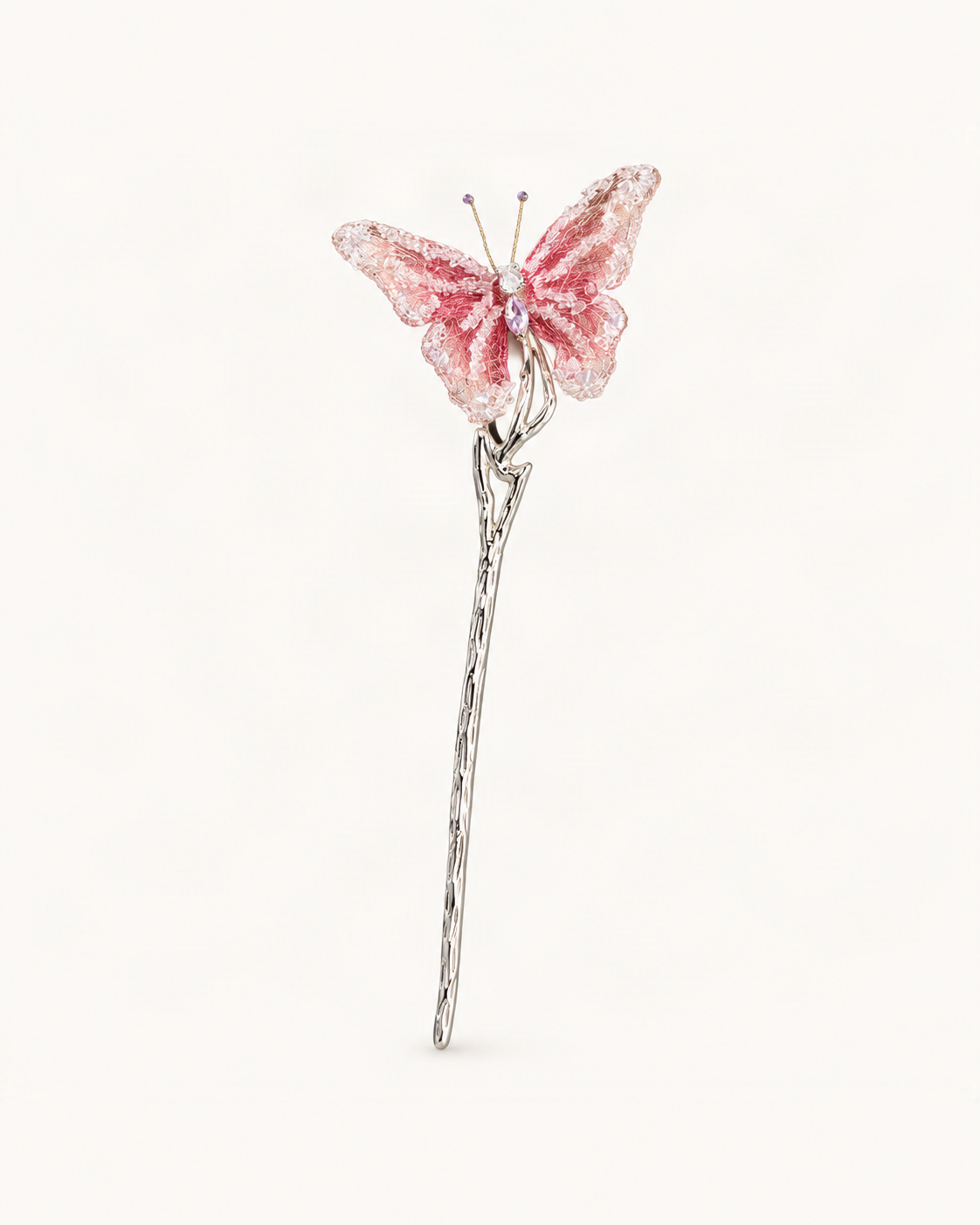 Embroidered Butterfly Metal Hair Stick — single accessory on warm ivory background [FITINY Hair]