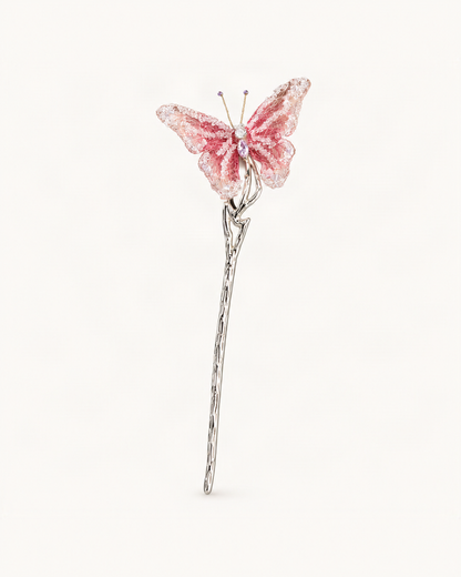 Embroidered Butterfly Metal Hair Stick — single accessory on warm ivory background [FITINY Hair]