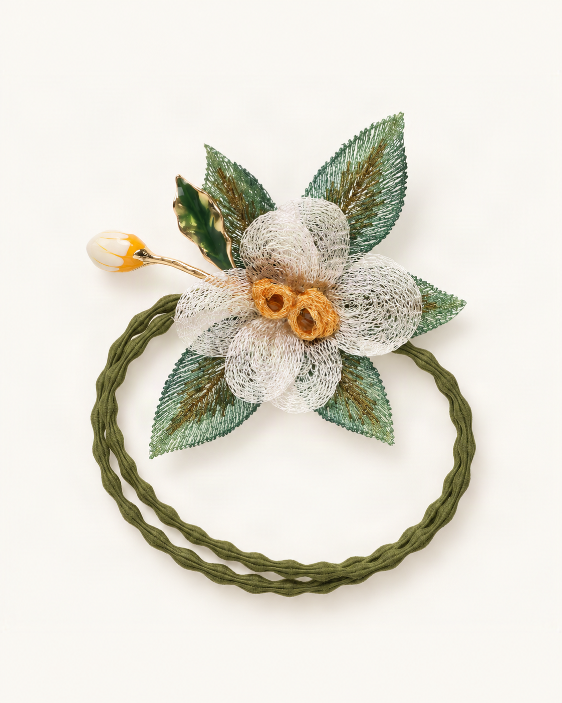 Rose Scrunchie with Embroidered Leaves — single accessory on warm ivory background [FITINY Hair]