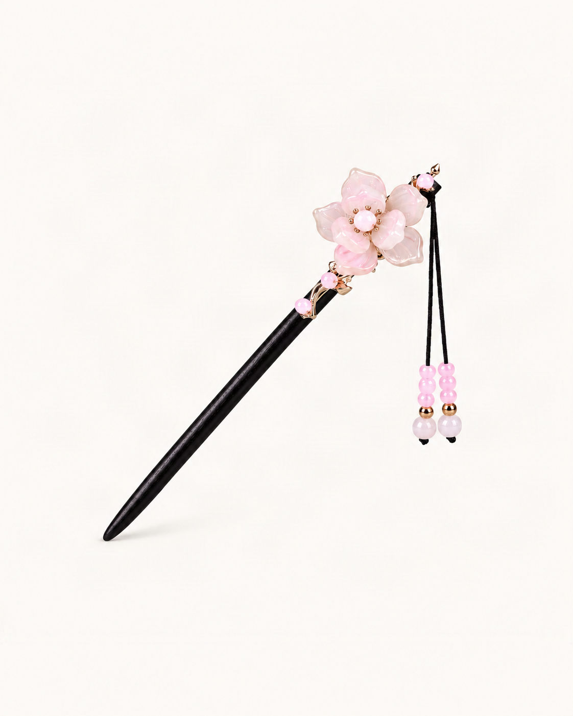 Begonia Blossom Wood Hair Stick with Charms — single accessory on warm ivory background [FITINY Hair]