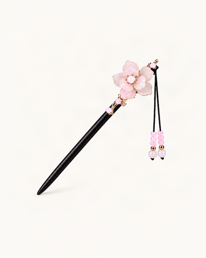 Begonia Blossom Wood Hair Stick with Charms — single accessory on warm ivory background [FITINY Hair]
