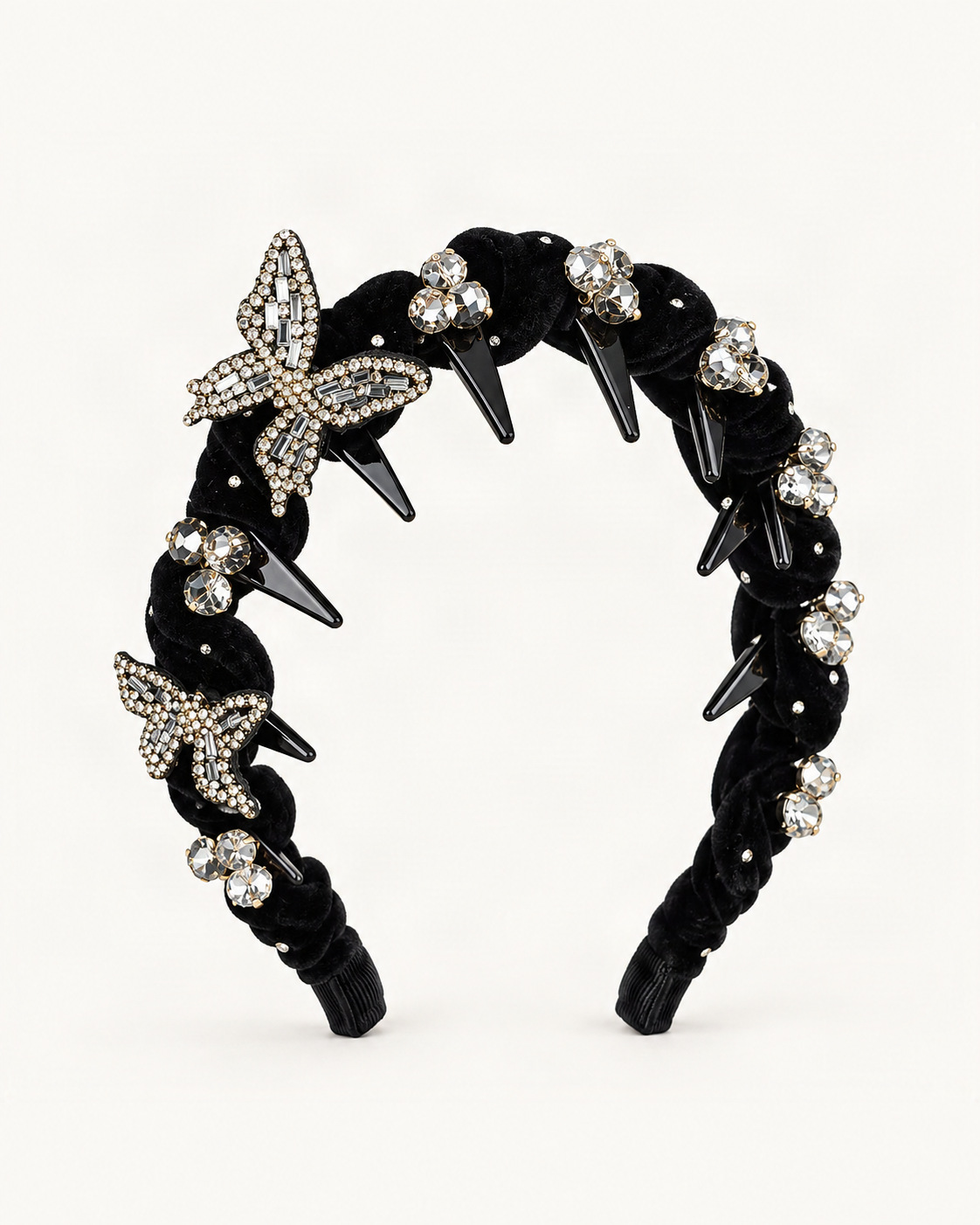 Velvet Headband with Rhinestone Butterfly — single accessory on warm ivory background [FITINY Hair]