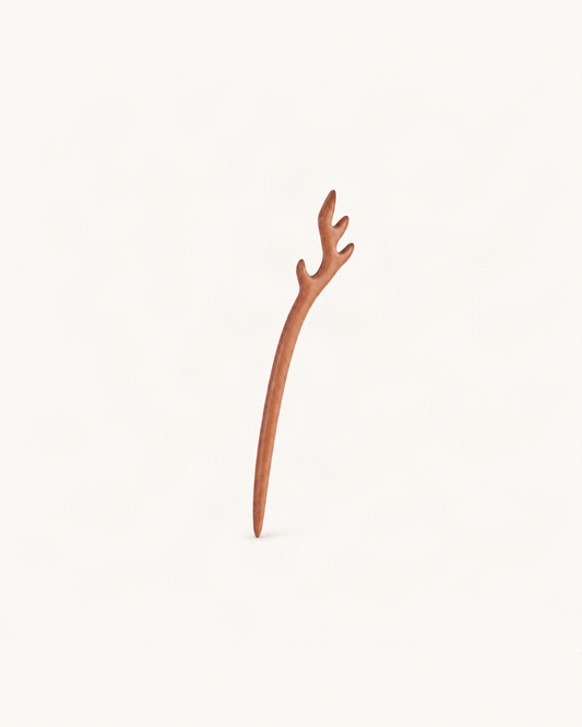 Carved Wood Hair Stick with Antler Design — single accessory on warm ivory background [FITINY Hair]