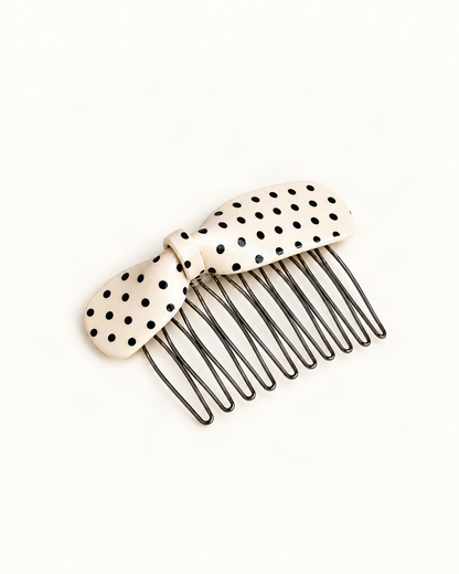 Cellulose Acetate Polka Dot Bow Side Comb — single accessory on warm ivory background [FITINY Hair]