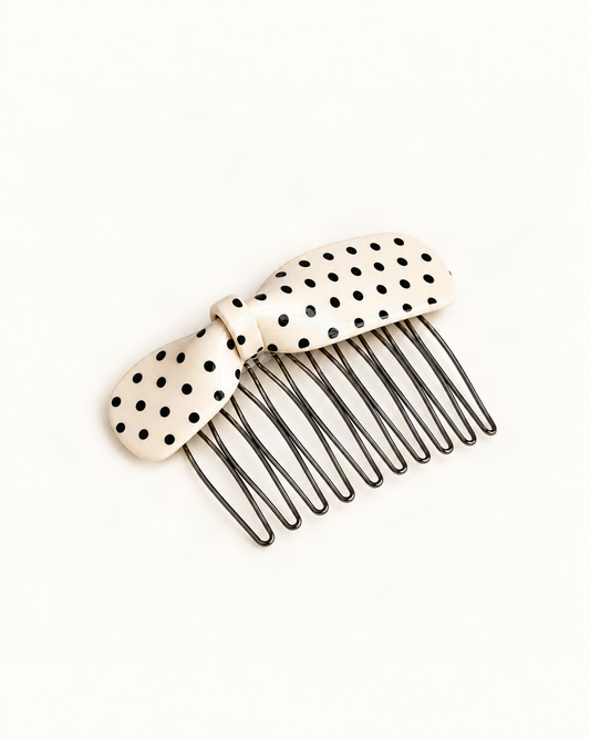 Cellulose Acetate Polka Dot Bow Side Comb — single accessory on warm ivory background [FITINY Hair]