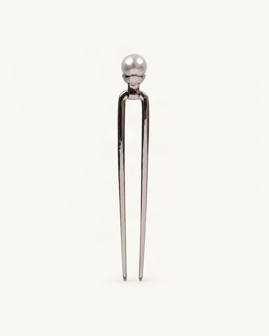Faux Pearl Silver-Tone Metal U-Pin Hair Fork — single accessory on warm ivory background [FITINY Hair]