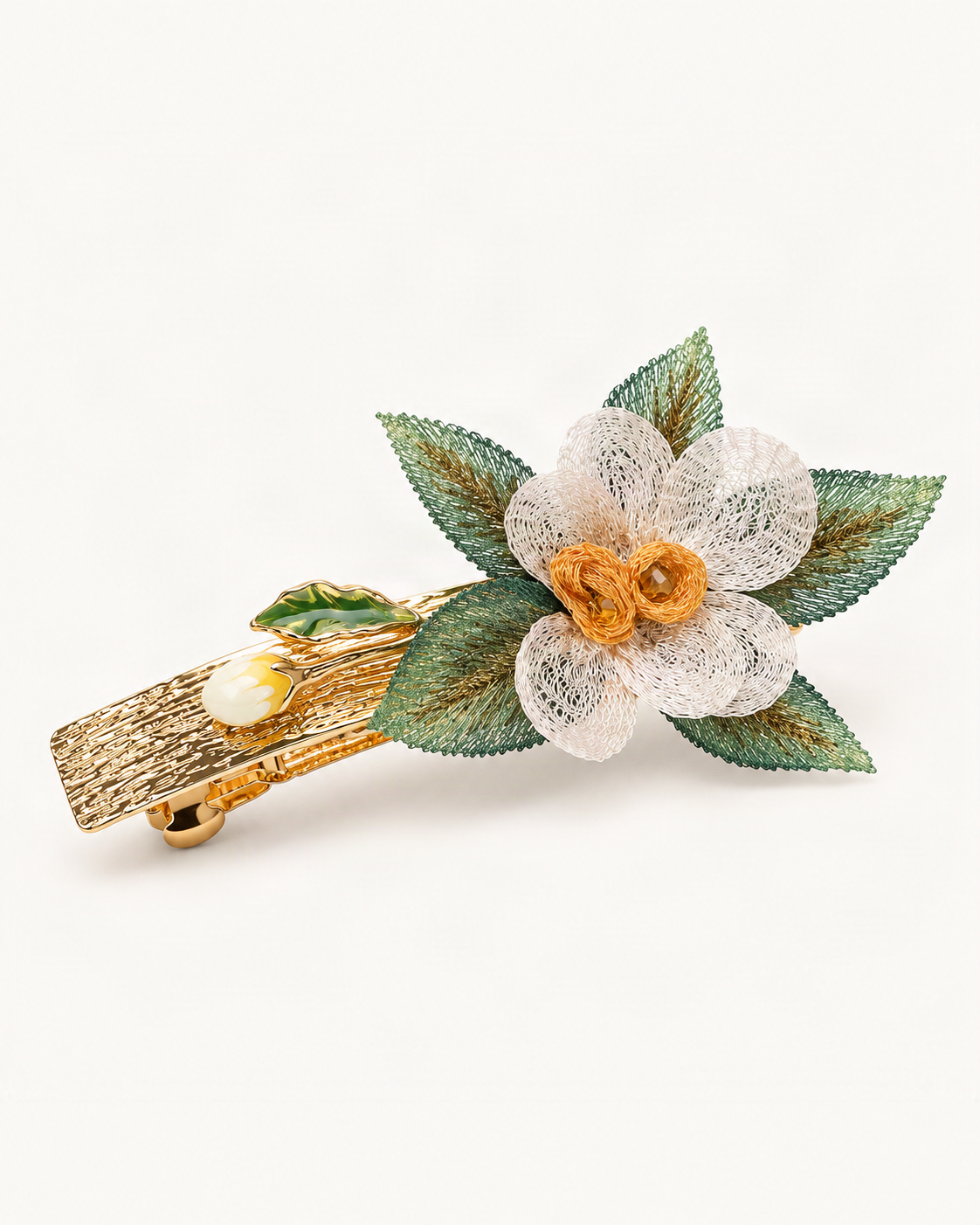 Rose Hair Clip with Embroidered Leaves — single accessory on warm ivory background [FITINY Hair]
