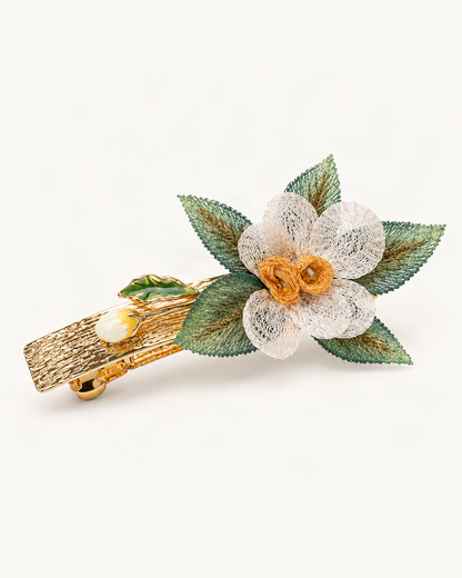 Rose Hair Clip with Embroidered Leaves — single accessory on warm ivory background [FITINY Hair]