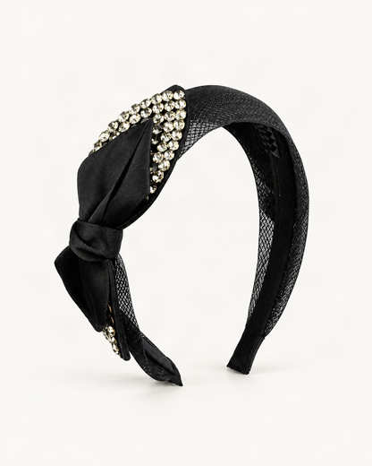 Satin Rhinestone Layered Bow Headband — single accessory on warm ivory background [FITINY Hair]