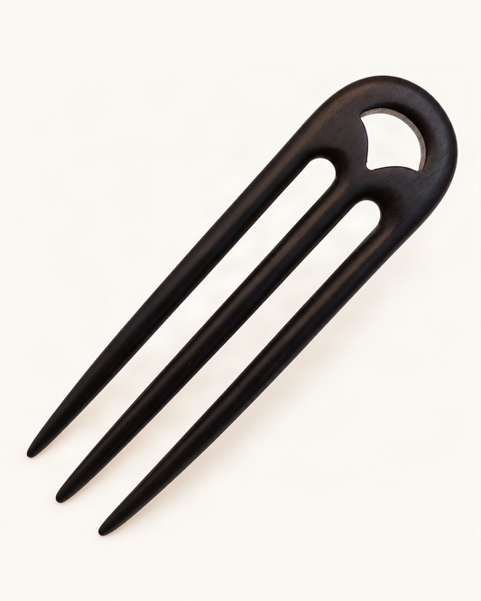 Three-Prong Wooden Hair Fork — single accessory on warm ivory background [FITINY Hair]