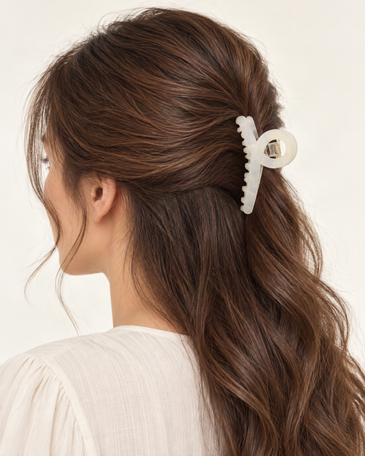 Cellulose Acetate Loop Claw Clip — shown worn in natural hair to show placement and scale [FITINY Hair model]