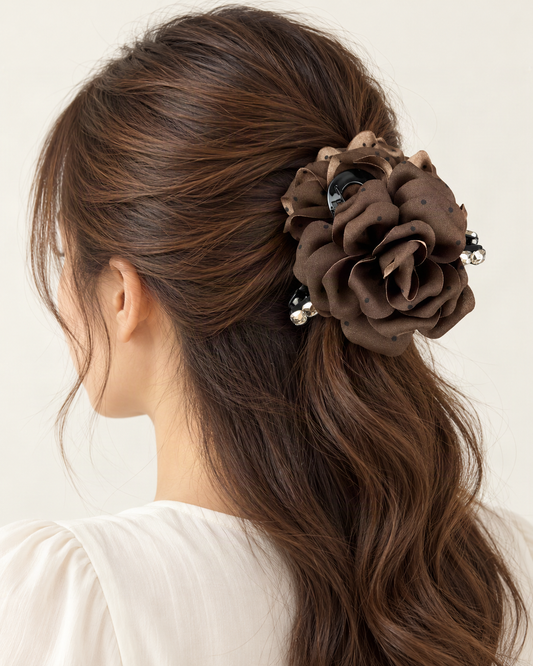 3D Rose and Camellia Polka Dot Fabric Claw Clip — shown worn in natural hair to show placement and scale [FITINY Hair model]