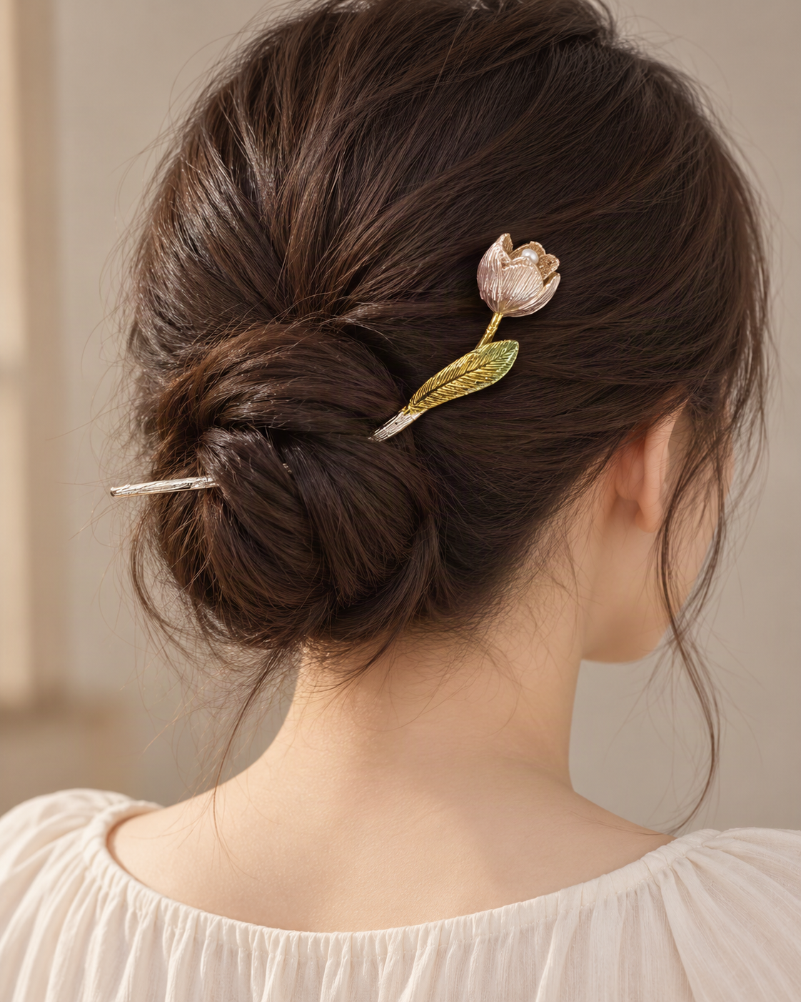 Vintage Tulip Hair Stick with Faux Pearls — worn in natural hair at realistic scale [FITINY Hair]