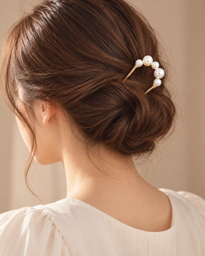 Five-Pearl Metal U-Pin Hair Stick — worn in natural hair at realistic scale [FITINY Hair]