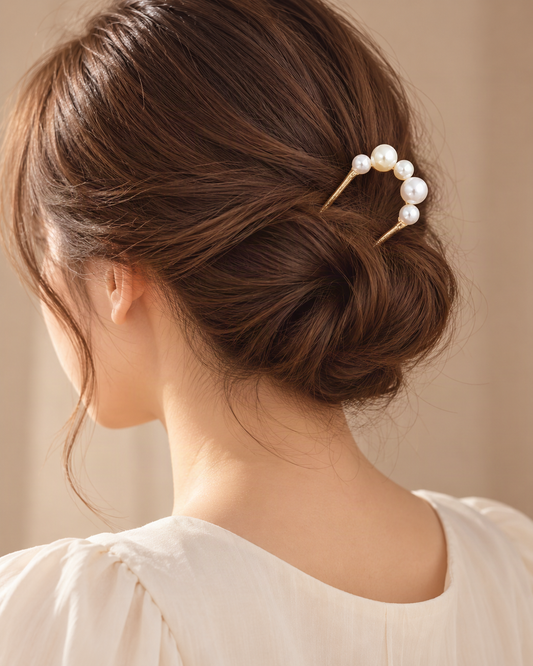 Five-Pearl Metal U-Pin Hair Stick — worn in natural hair at realistic scale [FITINY Hair]