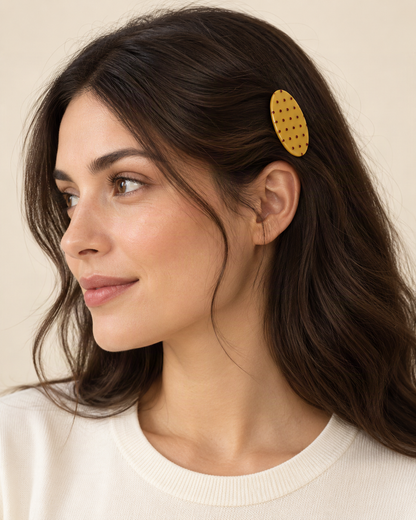 Oval Polka Dot Acetate Barrette — worn in natural hair at realistic scale [FITINY Hair]