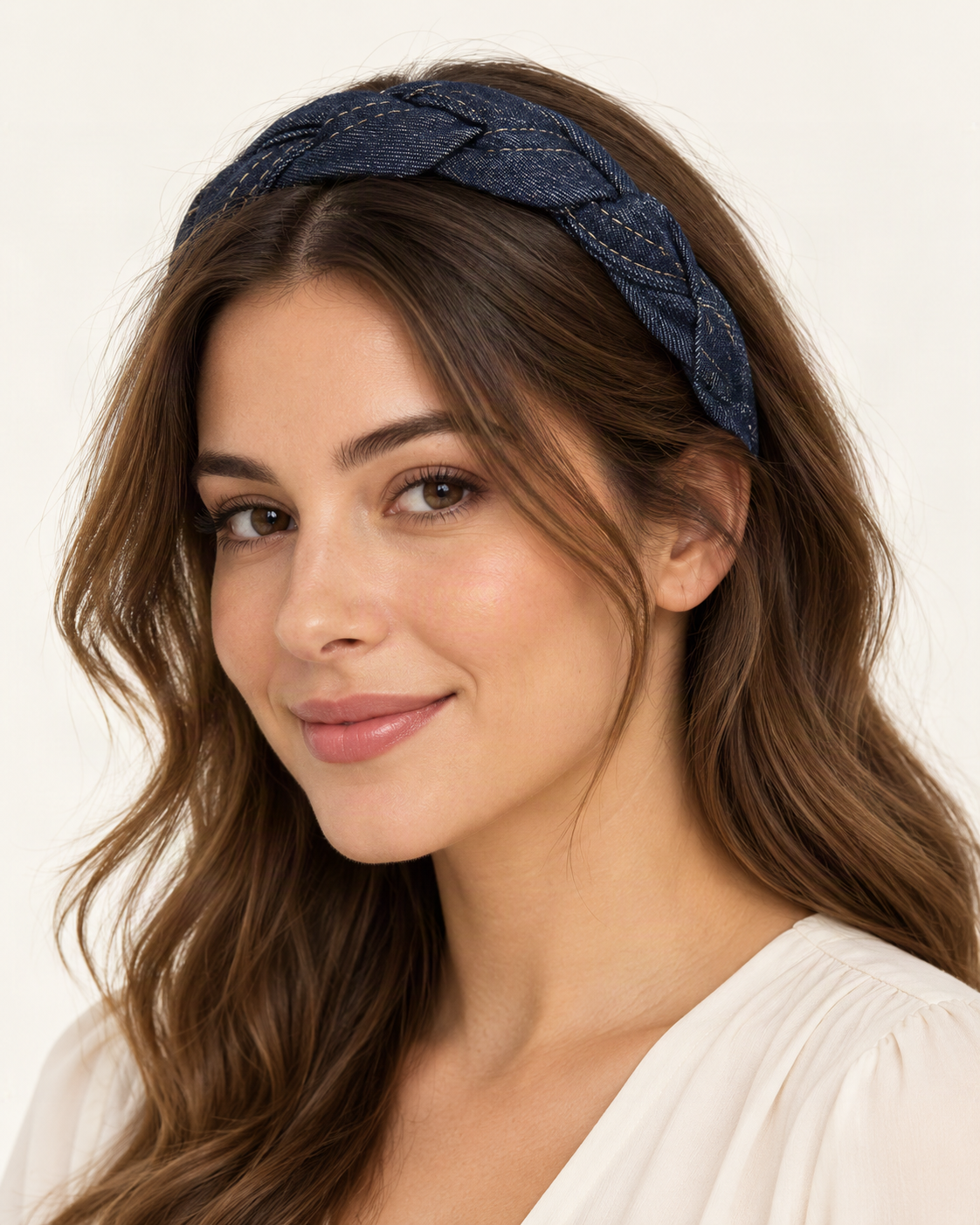 Braided Denim Headband – Twisted Knot Style — shown worn in natural hair to show placement and scale [FITINY Hair model]