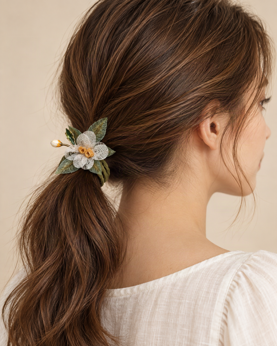 Rose Scrunchie with Embroidered Leaves — worn in natural hair at realistic scale [FITINY Hair]