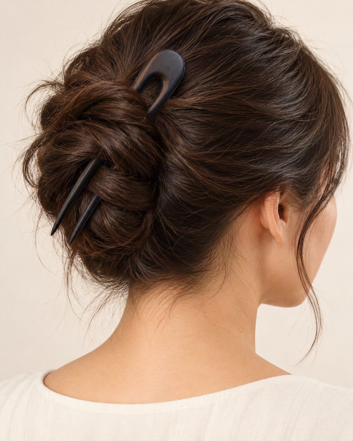 Curved-Prong Wooden U Hair Pin — worn in natural hair at realistic scale [FITINY Hair]
