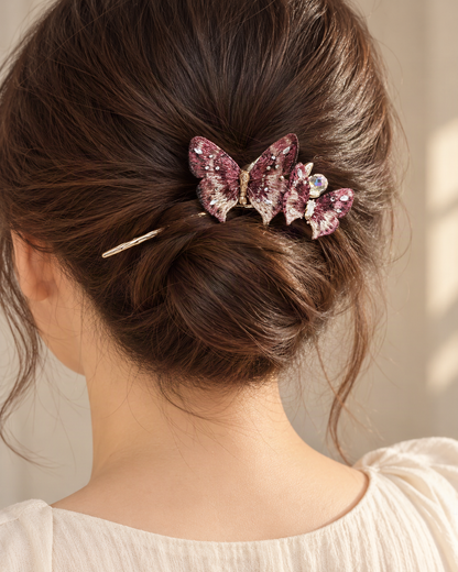 Embroidered Butterfly Hair Stick — worn in natural hair at realistic scale [FITINY Hair]