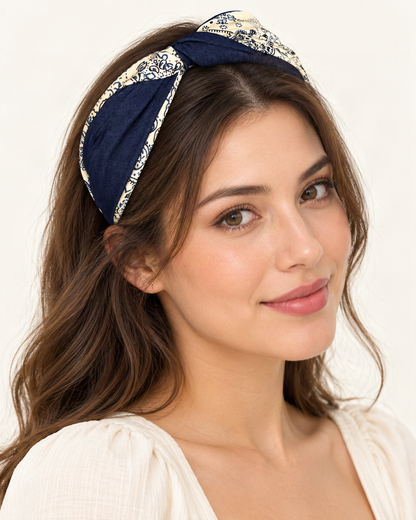 Fabric Knotted Floral Print Headband with Contrast Bow — shown worn in natural hair to show placement and scale [FITINY Hair model]