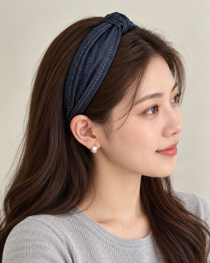 Denim Knot Bow Headband — worn in natural hair at realistic scale [FITINY Hair]