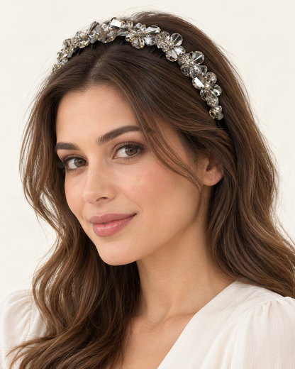 Rhinestone Floral Teeth Headband — shown worn in natural hair to show placement and scale [FITINY Hair model]