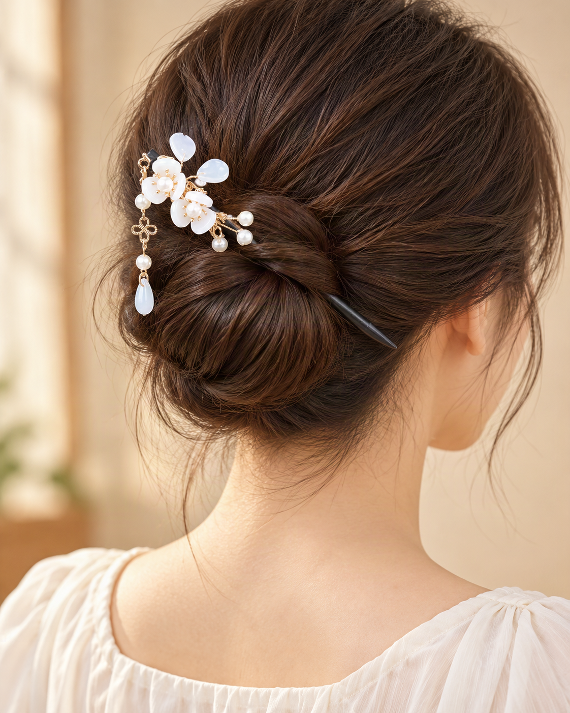 Double Blossom Wood Hair Stick with Dangle Chains — worn in natural hair at realistic scale [FITINY Hair]