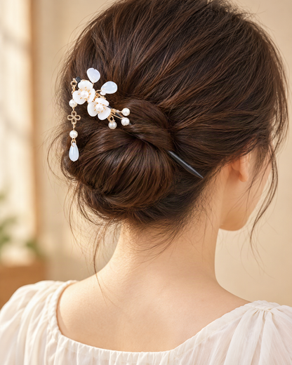 Double Blossom Wood Hair Stick with Dangle Chains — worn in natural hair at realistic scale [FITINY Hair]