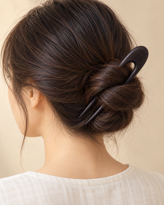 Tapered Two-Prong Wood Hair Fork — worn in natural hair at realistic scale [FITINY Hair]