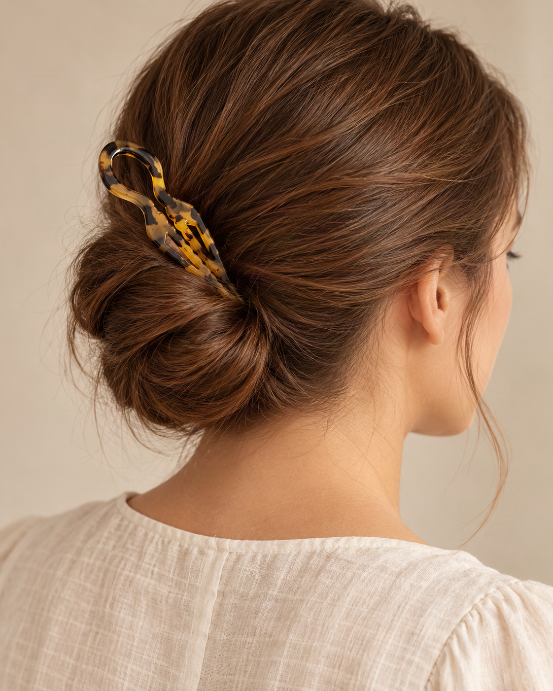 Tortoise Cellulose Acetate Scissor Hair Pin — worn in natural hair at realistic scale [FITINY Hair]