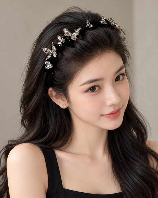 Velvet Headband with Rhinestone Butterfly — worn in natural hair at realistic scale [FITINY Hair]