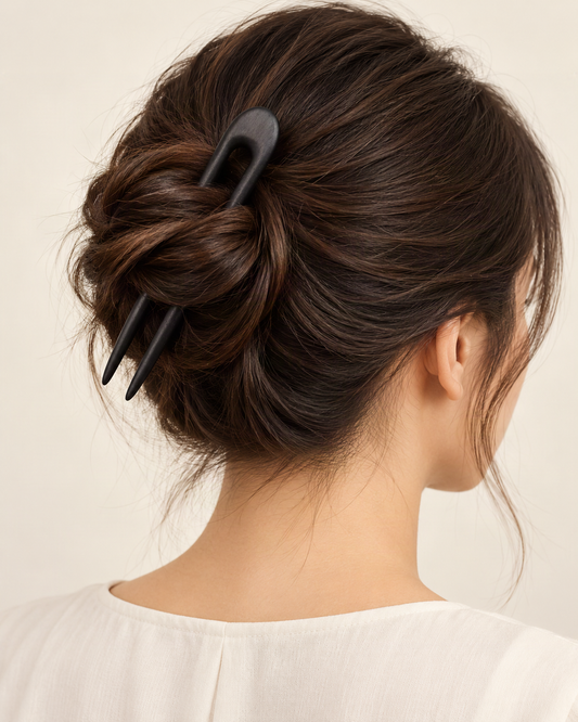 Wooden U-Shaped Hair Pin with Rounded Top — worn in natural hair at realistic scale [FITINY Hair]
