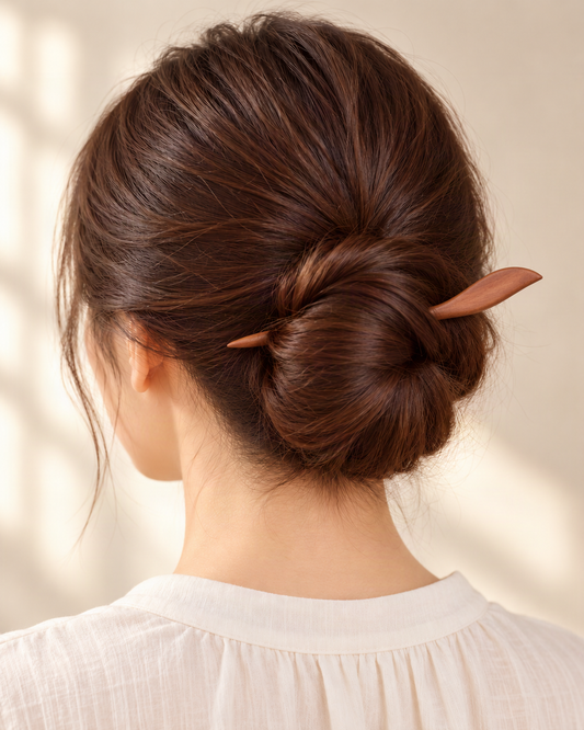Carved Wood Hair Stick with Flowing Scroll Design — worn in natural hair at realistic scale [FITINY Hair]