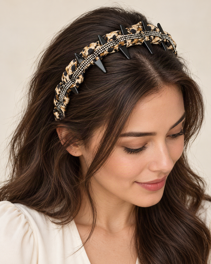 Braided Satin Headband with Pearls and Rhinestones — worn in natural hair at realistic scale [FITINY Hair]