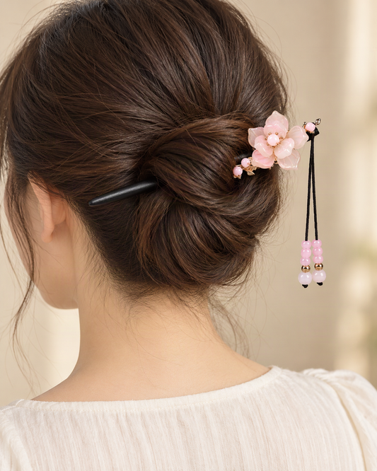 Begonia Blossom Wood Hair Stick with Charms — worn in natural hair at realistic scale [FITINY Hair]