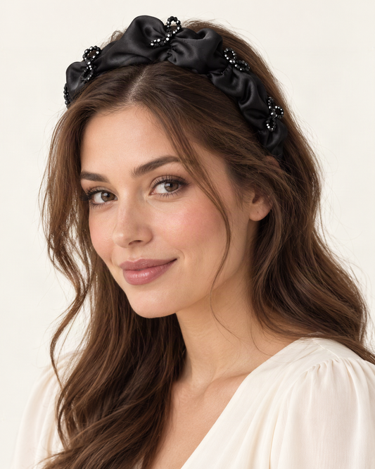 Satin Ruched Headband with Crystal Bow Accent — shown worn in natural hair to show placement and scale [FITINY Hair model]