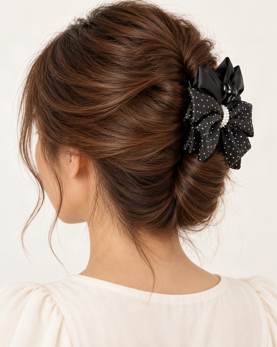 Polka Dot Bow Hair Claw Clip with Pearl Accent — shown worn in natural hair to show placement and scale [FITINY Hair model]