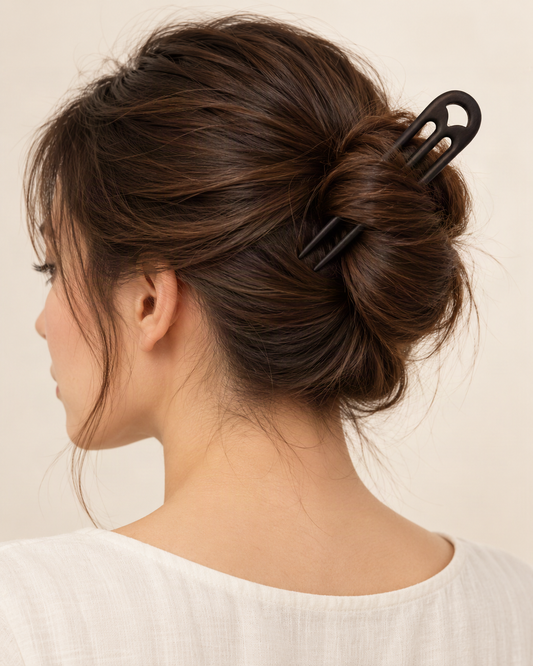 Three-Prong Wooden Hair Fork — worn in natural hair at realistic scale [FITINY Hair]