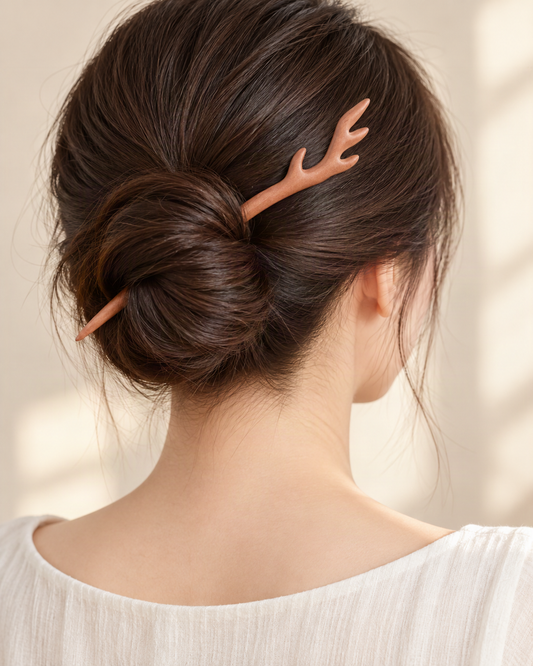 Carved Wood Hair Stick with Antler Design — worn in natural hair at realistic scale [FITINY Hair]